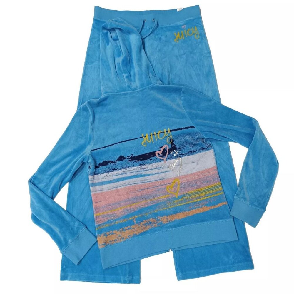 Juicy Couture Tracksuit Blue Matching Set XL Large Jacket Pants Velour Vintage